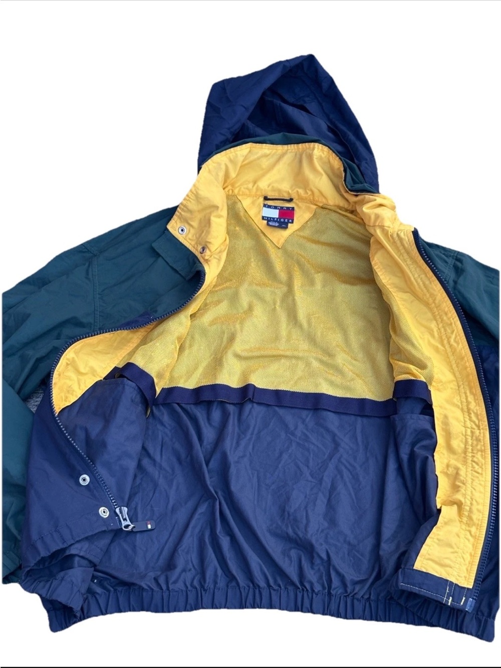 Tommy Hilfiger Vintage 90s Colorblock Windbreaker Jacket Green Navy XL Spellout - Picture 3 of 14